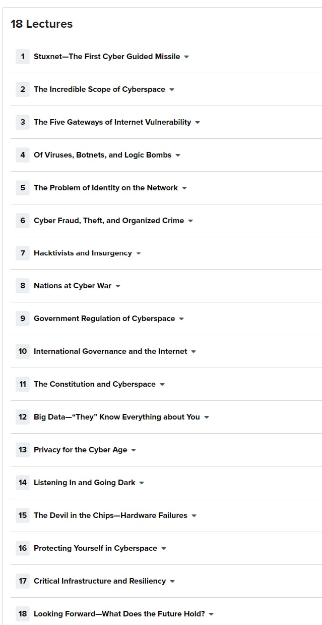 Course topics · The Great Courses — Thinking about Cybersecurity: From Cyber Crime to Cyber Warfare 2021-5