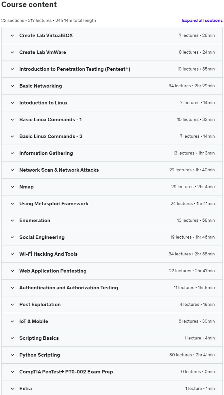 Course topics · Udemy — CompTIA Pentest+ PT0-002 (Ethical Hacking& Pentest) Prep Lab 2024-11
