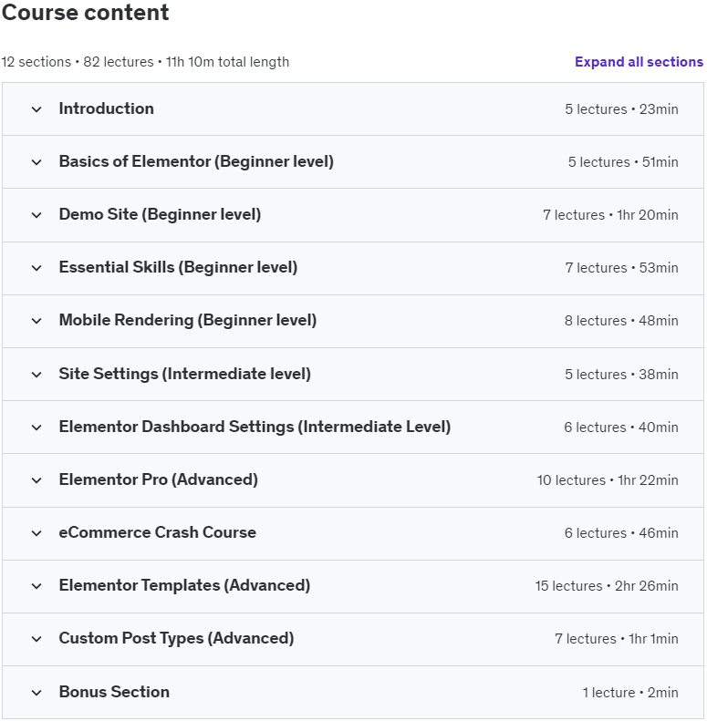 Course topics · Udemy — The Complete Elementor Course for WordPress 2023-11