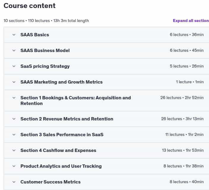 Course topics · Udemy — SaaS Masterclass: Sales, Marketing and Growth Metrics (2025) 2025-6