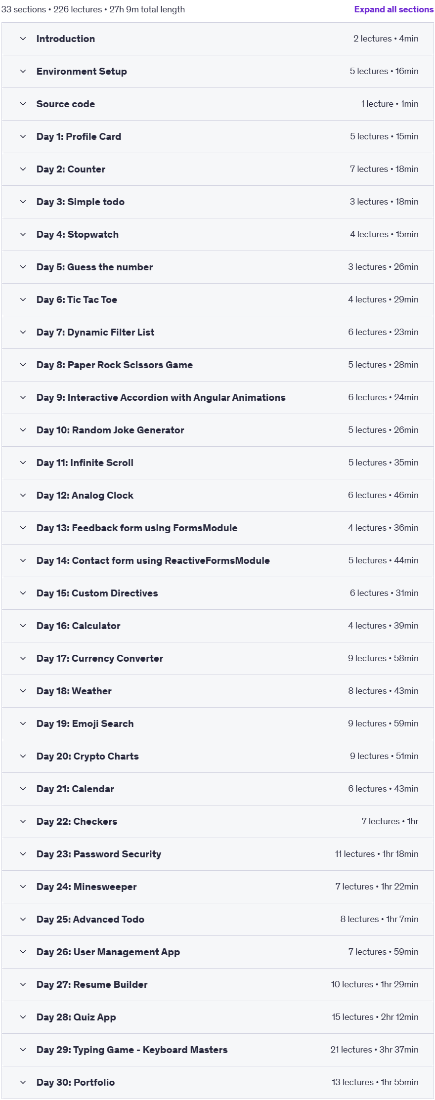 Course topics · Udemy — 30 Days of Angular: Build 30 Projects with Angular 2025-2