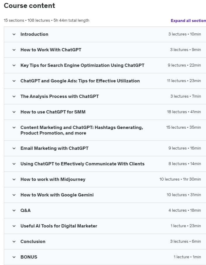 Course topics · Udemy — ChatGPT & Midjourney & Gemini: Digital Marketing Assistants 2023-3
