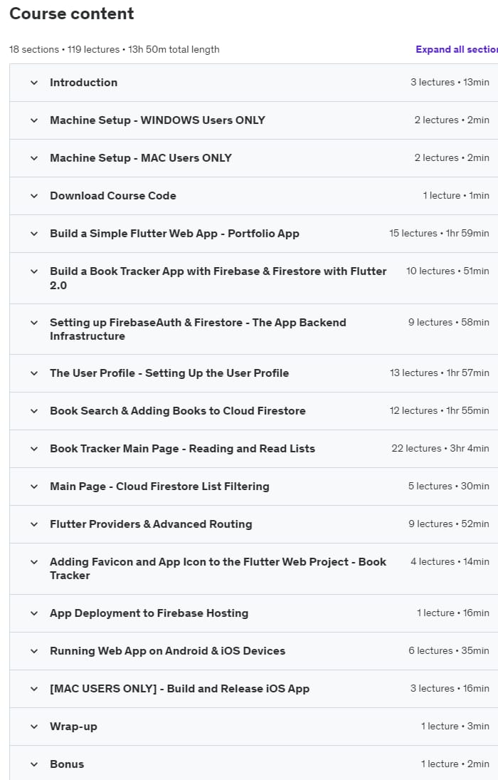 Course topics · Flutter 2.0: Build Modern Responsive Web & Mobile Apps 2021-7