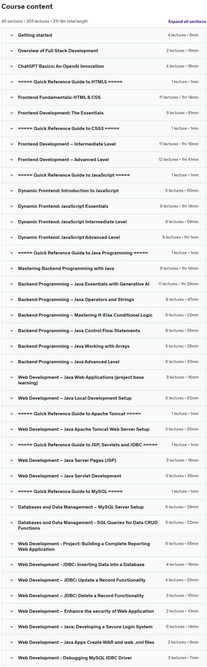 Course topics · Udemy — The Complete Full Stack Web Development Bootcamp 2024-11