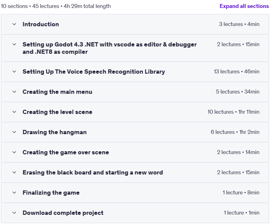 Course topics · Udemy — Godot 4.3 .NET C# – Offline Speech Recognition 2025-1