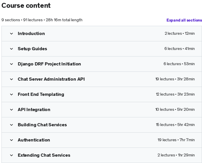 Course topics · Udemy — Full Stack – React Django DRF Channels Project – djChat 2023-6