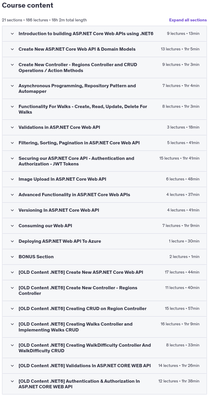 Course topics · Build ASP.NET Core Web API – Scratch To Finish (.NET8 API) 2024-9
