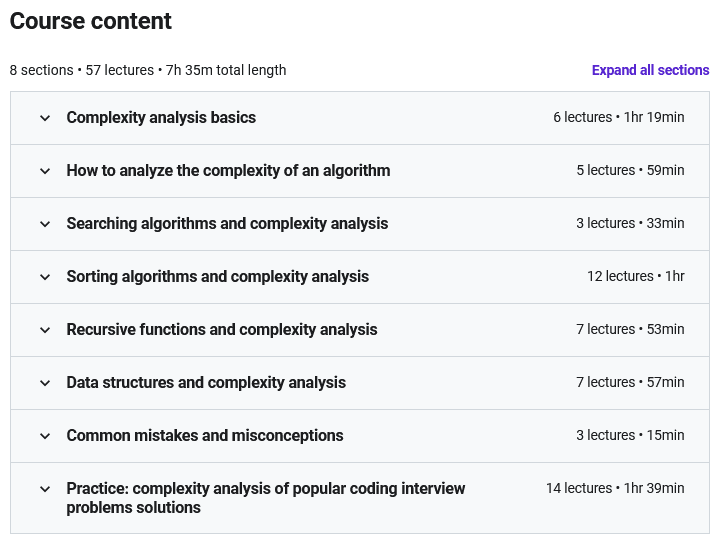 Course topics · Udemy — Time and space complexity analysis (big-O notation) 2021-3