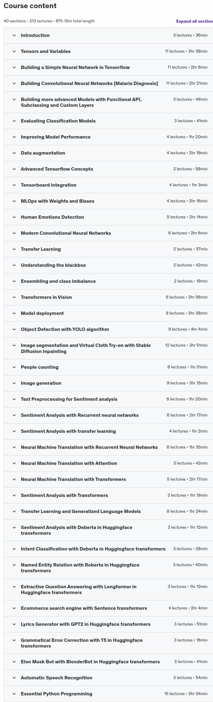 Course topics · Udemy — Deep Learning Masterclass with TensorFlow 2 Over 20 Projects 2024-4