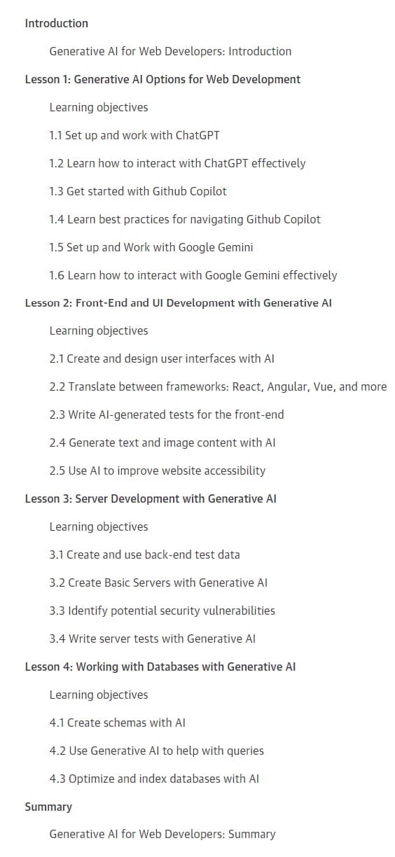 Course topics · Oreilly – Generative AI for Web Developers 2024-9