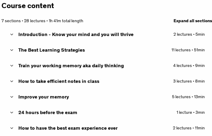 Course topics · Udemy — Learning Strategies for Exam: Brain Training, Improve Memory 2020-8