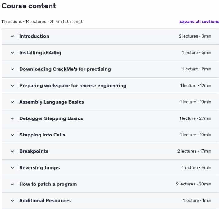 Course topics · Udemy — Reverse Engineering 1: x64dbg Debugger for Beginners 2024-12