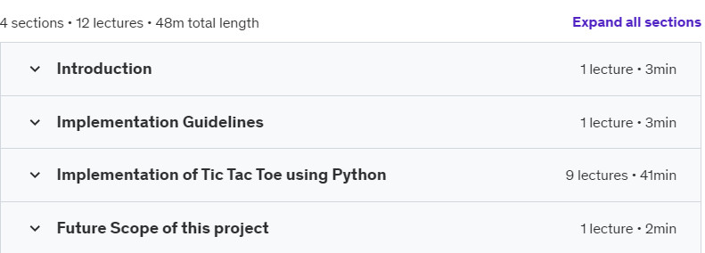 Course topics · Udemy — Python Guided Project: Building Tic-Tac-Toe from Scratch 2024-5