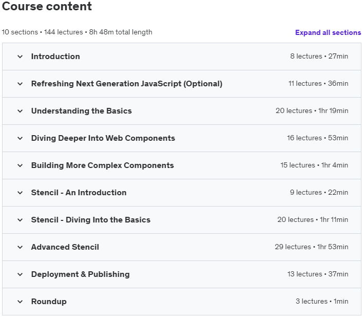 Course topics · Udemy — Web Components & Stencil.js – Build Custom HTML Elements 2023-11