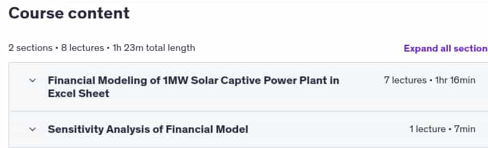 Course topics · Financial Modeling of 1MW Solar Captive Power Plant in Excel 2022-1
