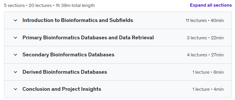 Course topics · Udemy — Learn Bioinformatics & Databases – Master Through Projects 2024-11