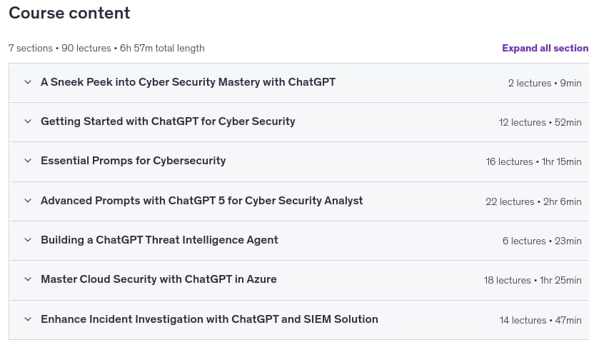 Sujets du cours · ChatGPT pour l'analyste SOC: Master Cyber Security avec AI 2026-5