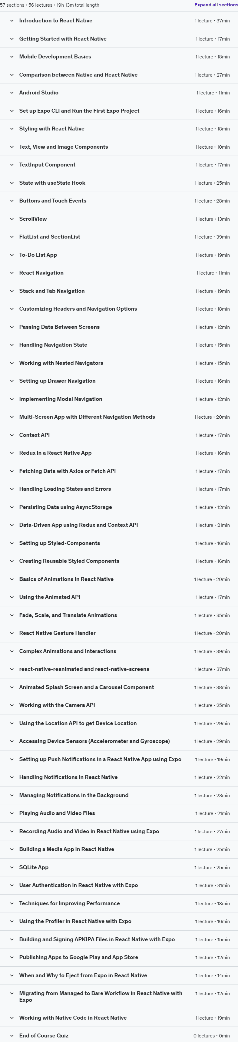 Course topics · Udemy — React Native: Build Powerful Cross-Platform Mobile Apps 2024-9