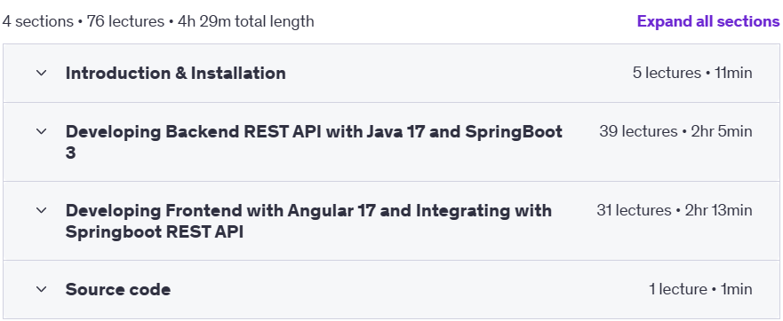 Course topics · Fullstack Development with Angular17 SpringBoot3 Bootstrap5 2024-1