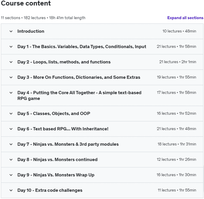 Course topics · Udemy — 10 Day Python Blitz – 2 hrs/day to learn Python 2023 2023-9