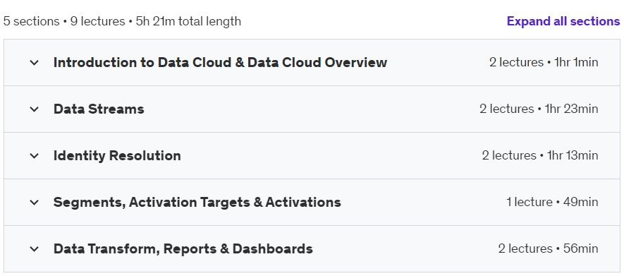 Course topics · Udemy — Salesforce Data Cloud: Consultant Basics, Hands On Training 2024-7