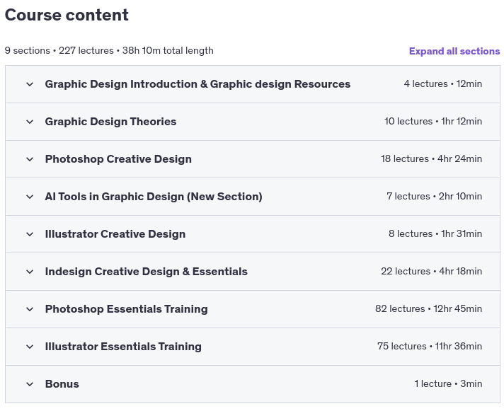 Course topics · Udemy — Graphic Design Mastery- AI, Photoshop, Illustrator, Indesign 2024-11