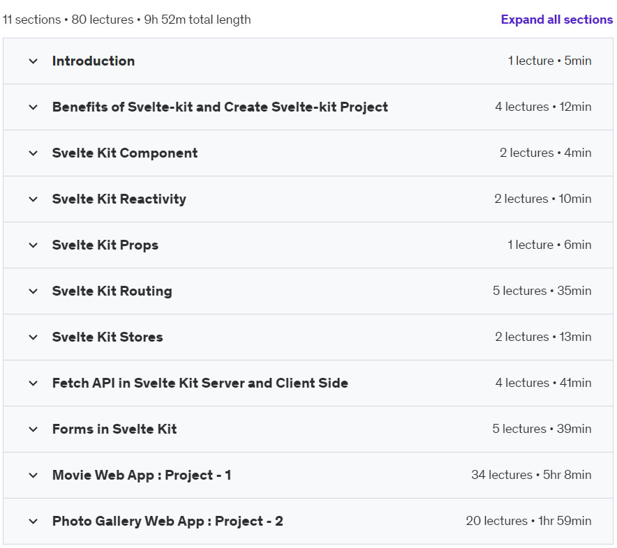 Course topics · Udemy — Svelte Kit Bootcamp: Basic to Advance Build 2 Real Projects 2024-7