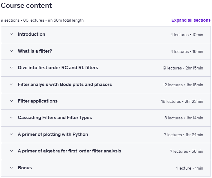 Course topics · Introduction to first order filters 2025-6