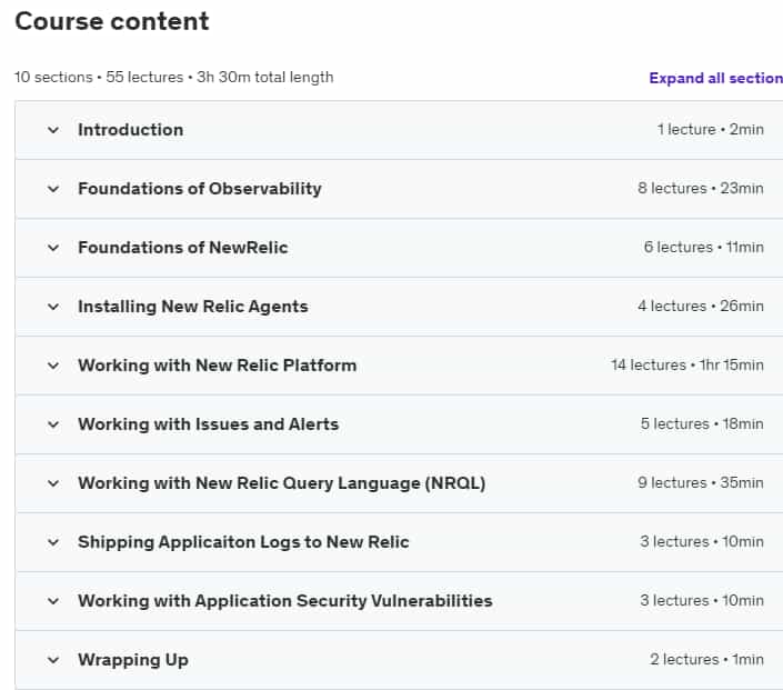 Course topics · New Relic One: Observability From Beginner to Advanced 2024-4