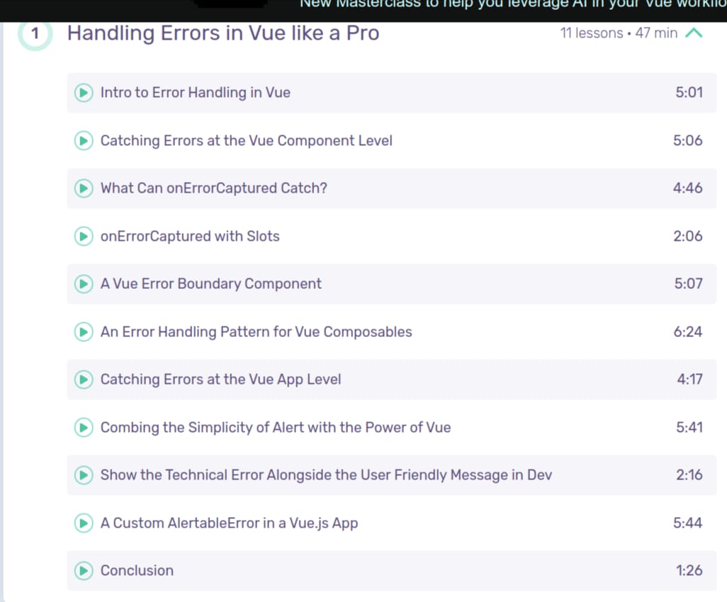 Course topics · Vueschool — Handling Errors in Vue like a Pro 2025-3