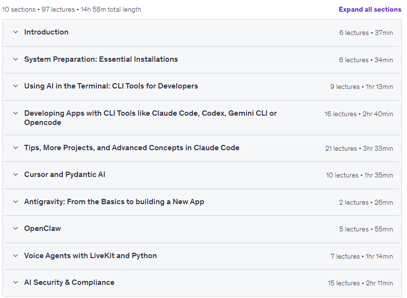 Course topics · Vibe Coding: Build Apps with Claude Code, Cursor, and Codex 2026-8