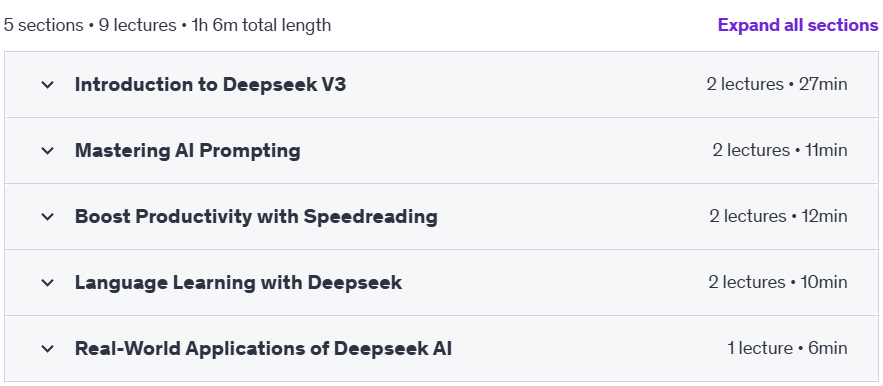 Course topics · Udemy — Deepseek The Stunning LLM of 2025 – Master AI Prompting! 2025-1