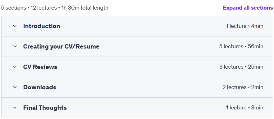 Course topics · Udemy — Write the Best Software Engineer CV/Resume 2024-2