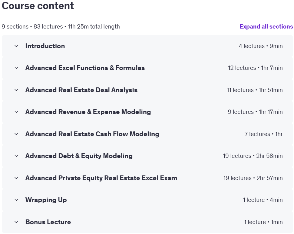 Course topics · Udemy — The Advanced Real Estate Financial Modeling Bootcamp 2025-3
