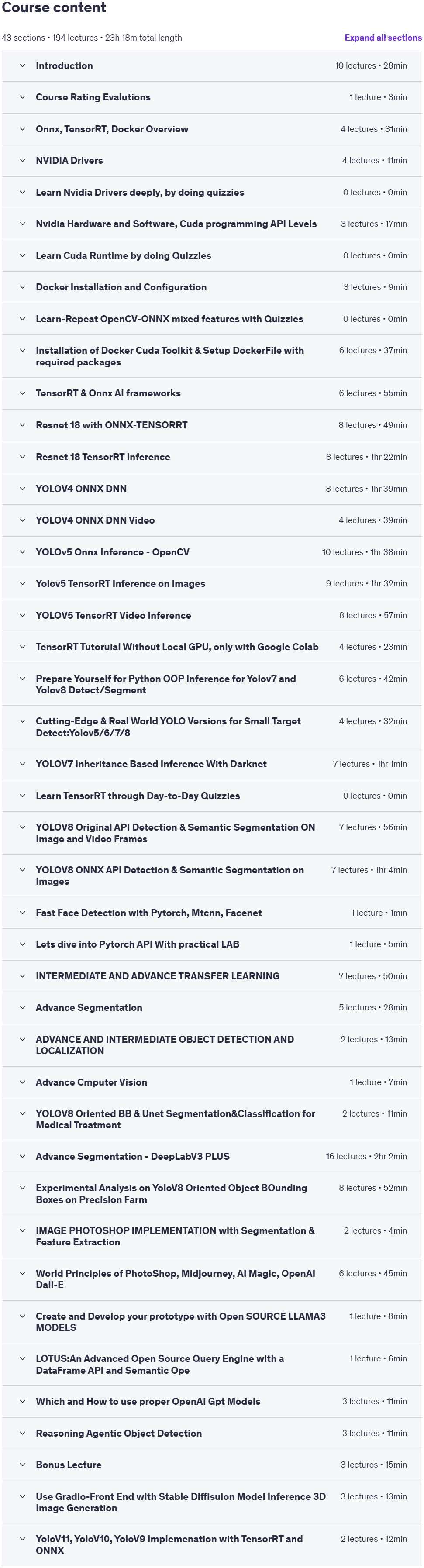 Course topics · Full Course on TensoRT, Detection, Segmentation 2025-5