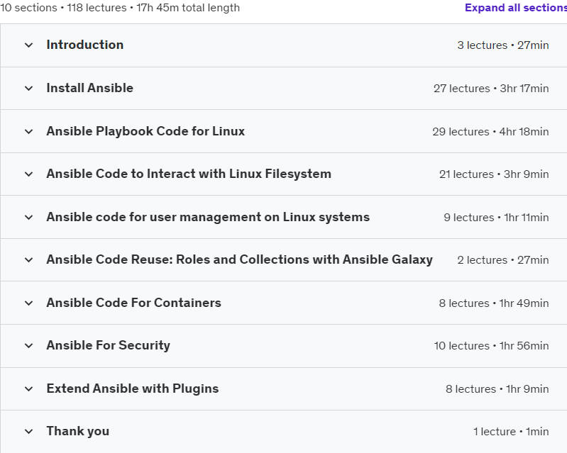 Course topics · Udemy — 100+ Everyday SysAdmin Tasks Automated with Ansible 2023-9