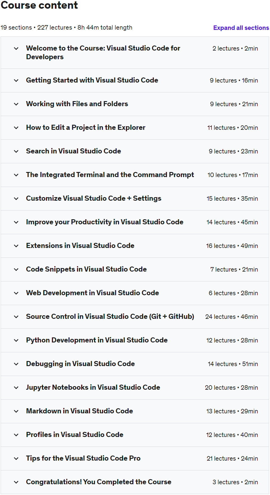Course topics · Visual Studio Code for Developers 2023: Beginner to Advanced 2023-3
