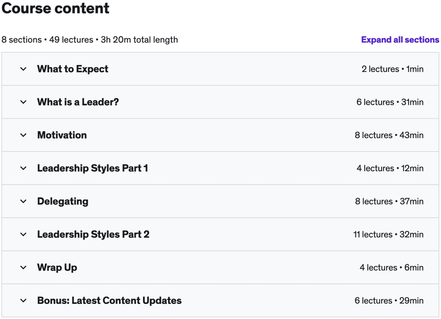 Course topics · Udemy — Leadership: Practical Leadership Skills 2023-6