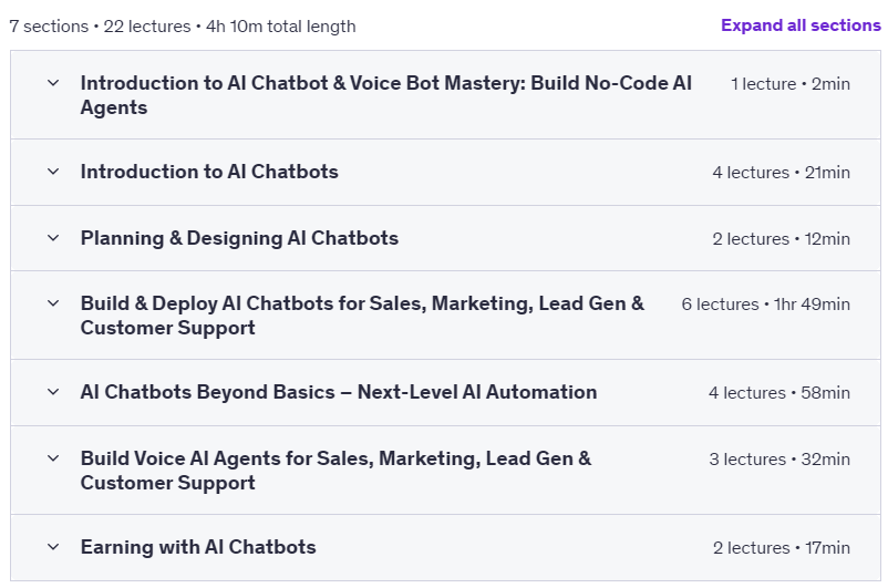 Course topics · Udemy — AI Chatbot & Voice Bot Mastery: Build No-Code AI Agents 2025-3