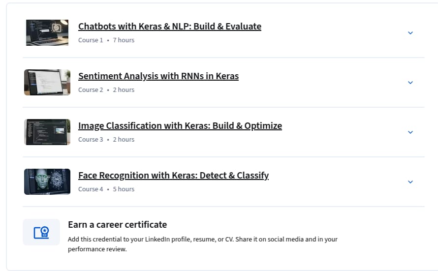 Course topics · Keras Deep Learning Projects with TensorFlow Specialization 2025-12