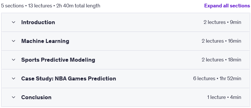 Course topics · Udemy — Introduction to Machine Learning in Sports Predictions 2025-6