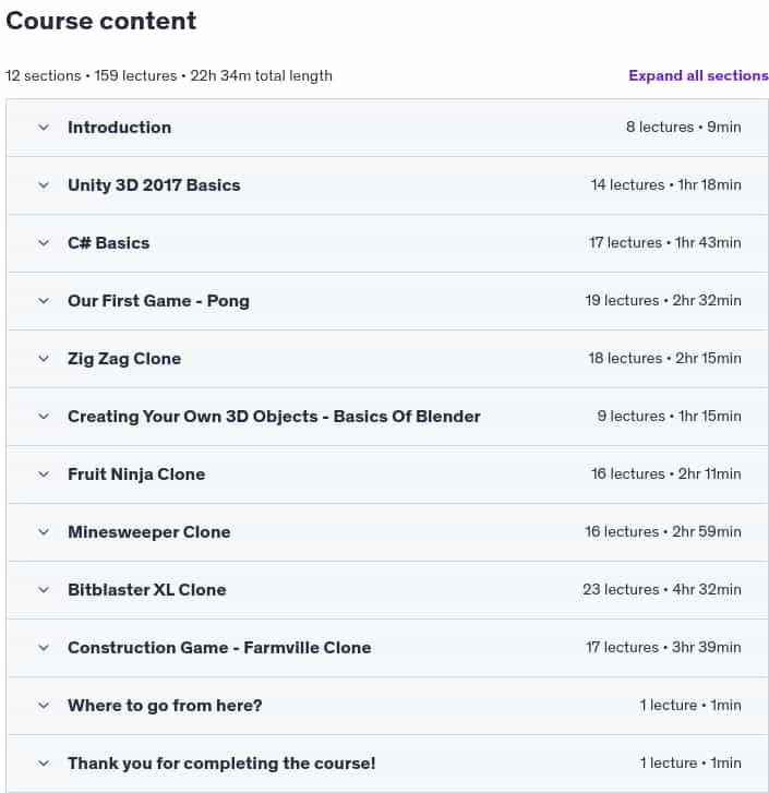 Course topics · Udemy — Complete C# Unity Developer: Create Games and Learn to Code 2019-5