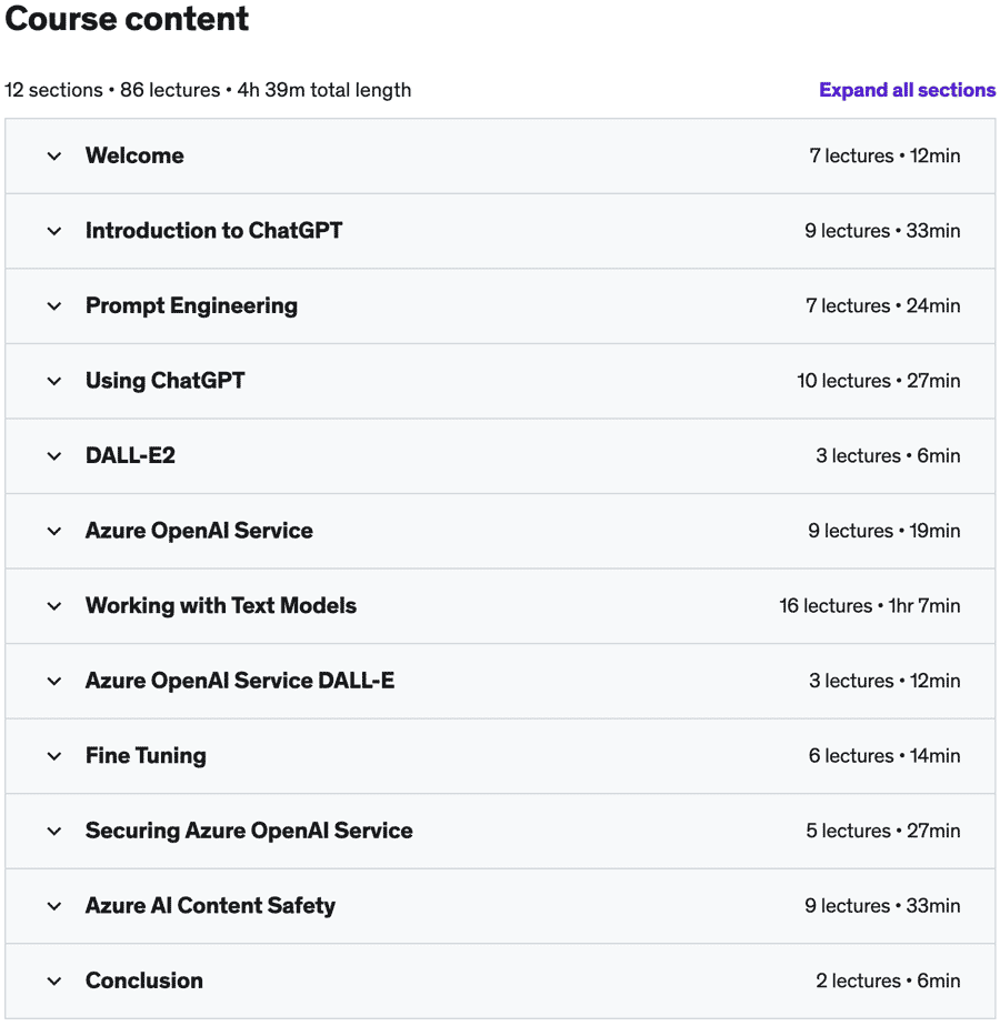 Course topics · Udemy — Azure ChatGPT and OpenAI Service – The Complete Guide 2023-6