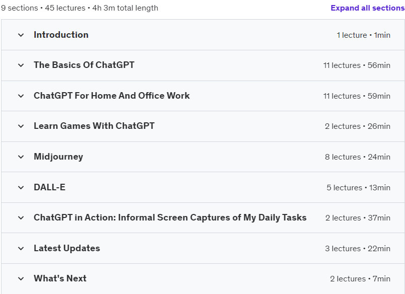 Course topics · Udemy — ChatGPT & Midjourney & DALL-E Essentials: 3 AI Courses In 1 2023-1