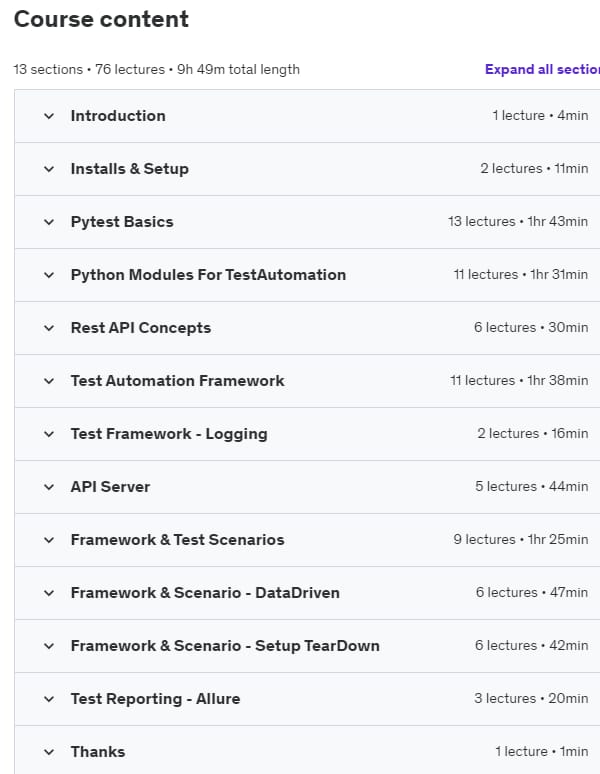 Course topics · Design & Build Test Framework with Python Pytest | API Tests 2023-2