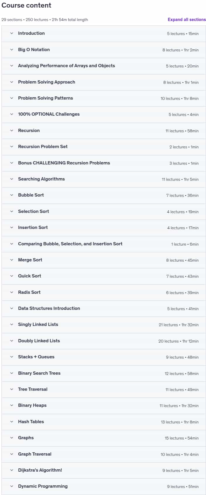 Course topics · JavaScript Algorithms and Data Structures Masterclass 2025-6