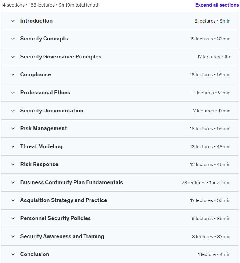 Course topics · Udemy — CISSP : Domain 1 : Security and Risk Management – Learn 2024 2024-4