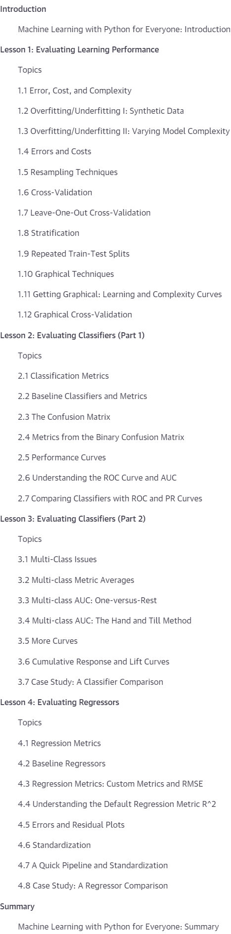 Course topics · Oreilly — Machine Learning with Python for Everyone, Part 2: Measuring Models 2022-9