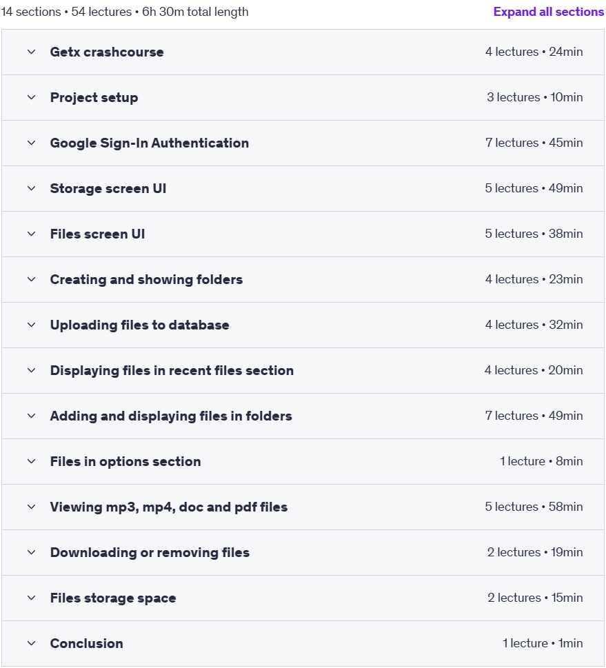 Course topics · Build a Google Drive Clone with Flutter, Firebase and Getx 2023-3
