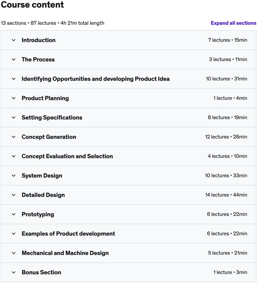 Course topics · Udemy — Mechanical design and Product development process 2021-11